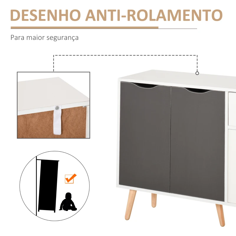 HOMCOM Aparador Móvel Auxiliar de Armazenamento com 2 Armários de Porta Gaveta Pés de Madeira 90x30x72 cm Cinza e Branco
