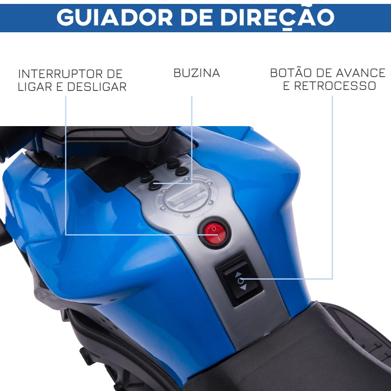 HOMCOM Mota Elétrica para Crianças 6V com Faróis Buzina 2 Rodas de Equilibrio Velocidade Máx. de 3km/h  88,5x42,5x49 cm Azul