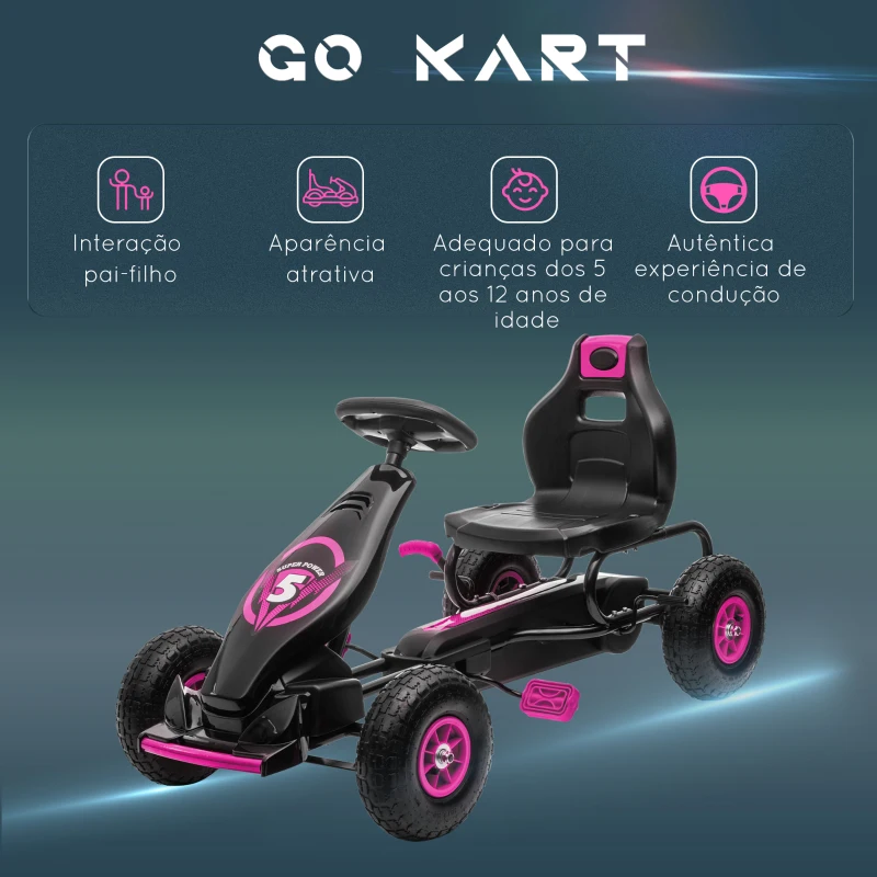 HOMCOM Kart a Pedais para Crianças 5-12 Anos com Assento Ajustável Pneus Insufláveis Amortecimento e Travão de Mão 121x58x61 cm Rosa