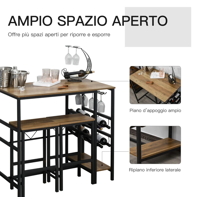 HOMCOM Set Tavolo 2 Sgabelli Alti da Bar in Legno Isola Cucina con Portabottiglie e Portabicchieri in Stile Industriale