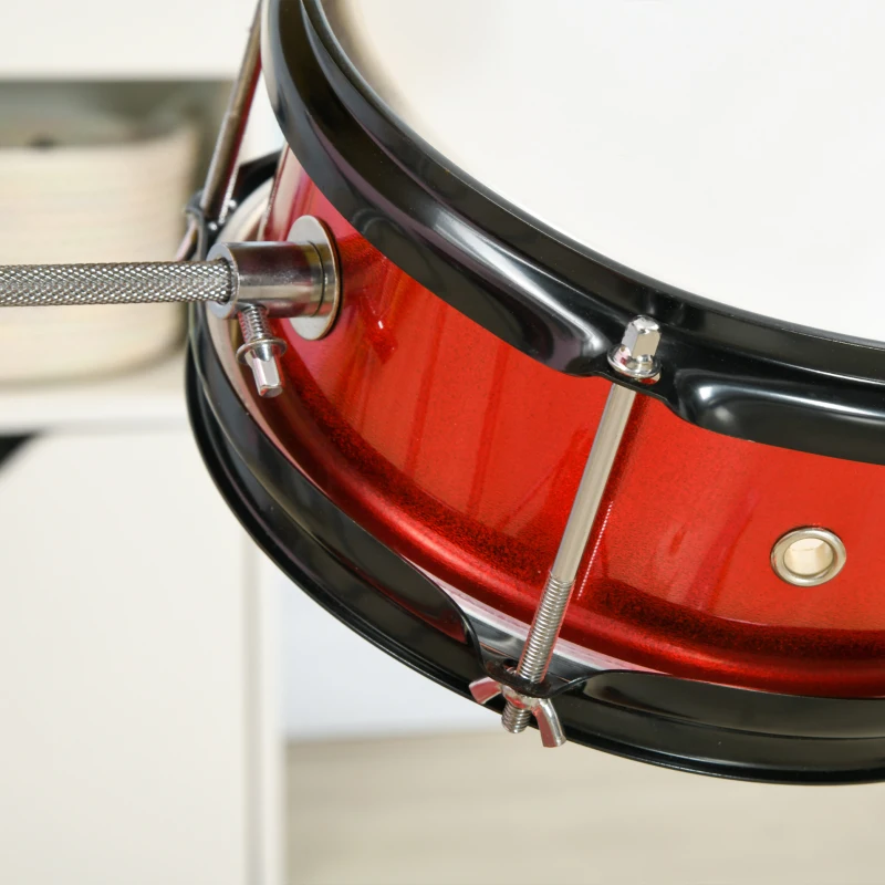 AIYAPLAY Bateria para Crianças de +3 Anos com Banco Ajustável Tambores Bombo Prato Pedal e Baquetas 80x60x48-65 cm Vermelho