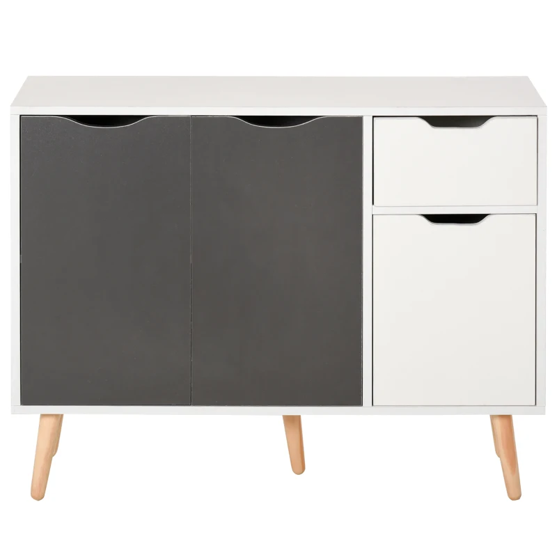 HOMCOM Aparador Móvel Auxiliar de Armazenamento com 2 Armários de Porta Gaveta Pés de Madeira 90x30x72 cm Cinza e Branco