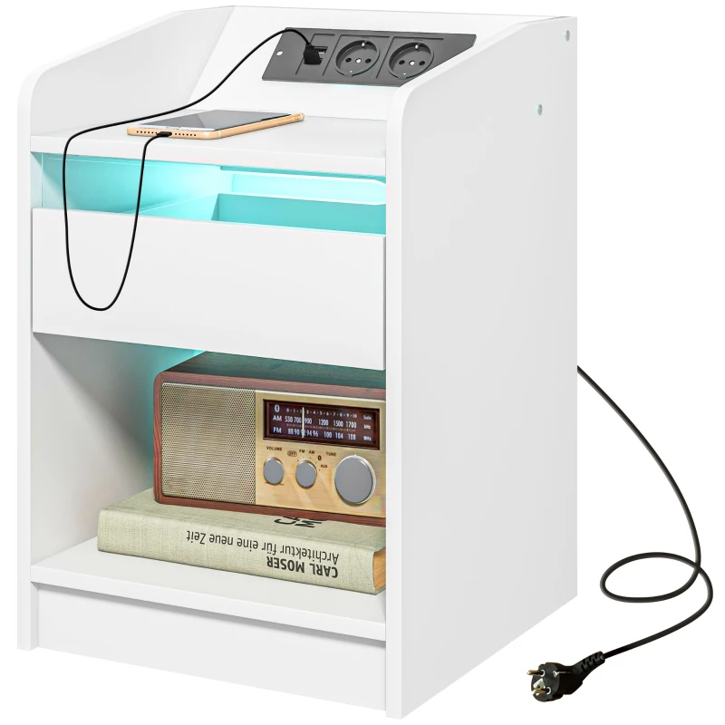 HOMCOM Mesa de Cabeceira com Luzes LED Gaveta Prateleira Estação de Carregamento Entrada USB e Controlo Remoto 40x40x58 cm Branco