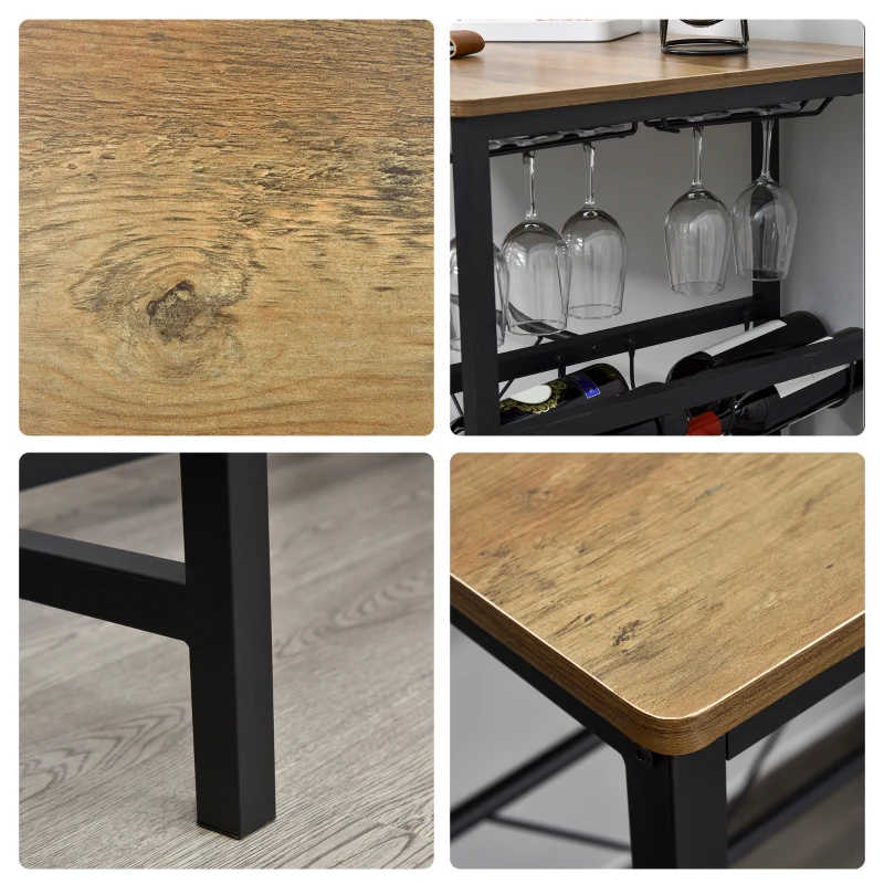 HOMCOM Set Tavolo 2 Sgabelli Alti da Bar in Legno Isola Cucina con Portabottiglie e Portabicchieri in Stile Industriale