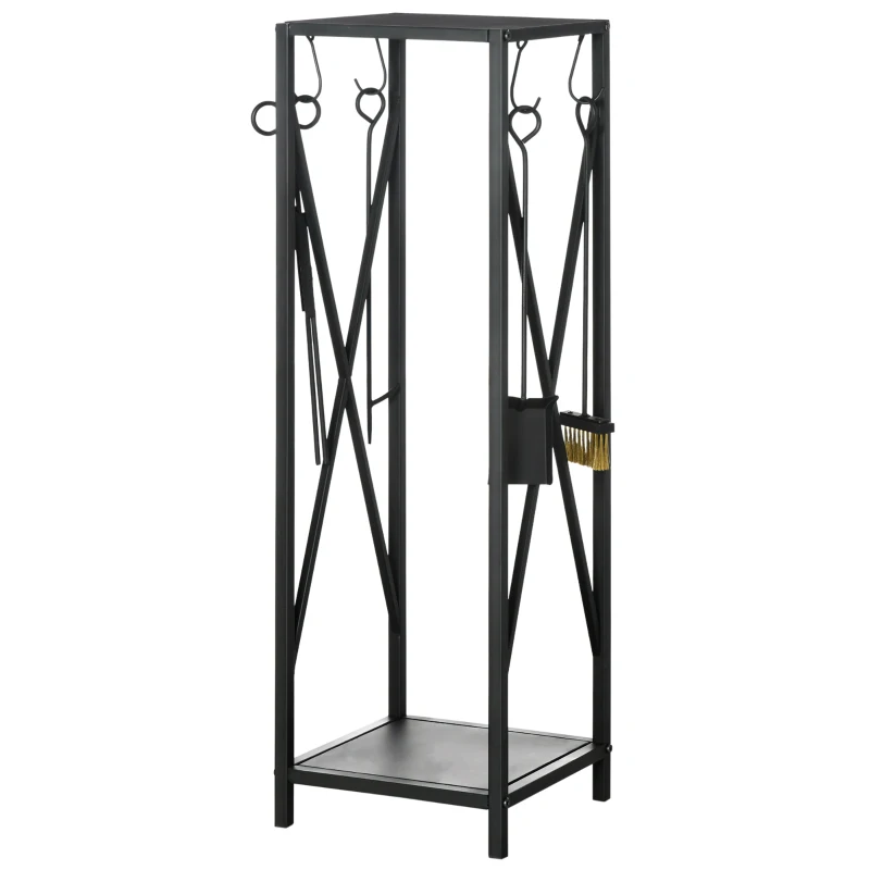 Outsunny Suporte para Lenha Estante para Lenha Lenheiro de Exterior com Ganchos Pá Escova Atiçador e Tenaz Carga 60 kg 34x34x111 cm Preto