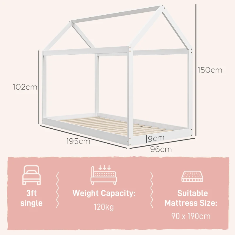 HOMCOM Estrutura de Cama 90x190 cm Somier de Madeira em Forma de Casa Carga 120 kg para Quarto Branco