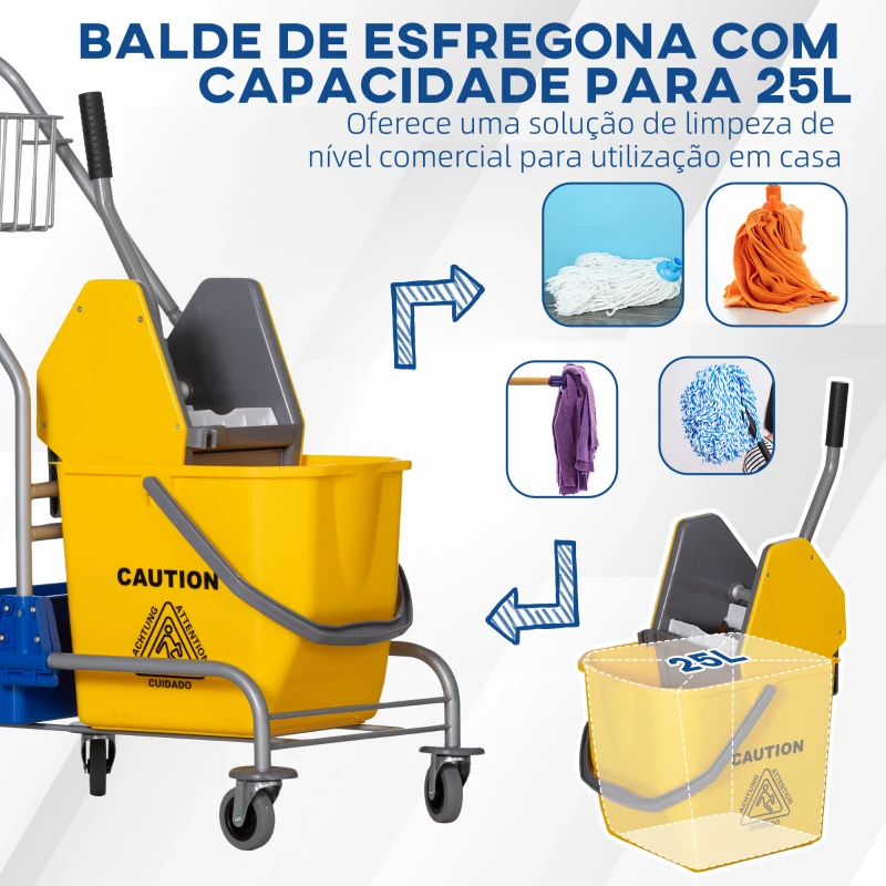 HOMCOM Carro de Limpeza Profissional Balde de Esfregona com Rodas Balde Removível de 25 Litros 72x49,5x95 cm Amarelo