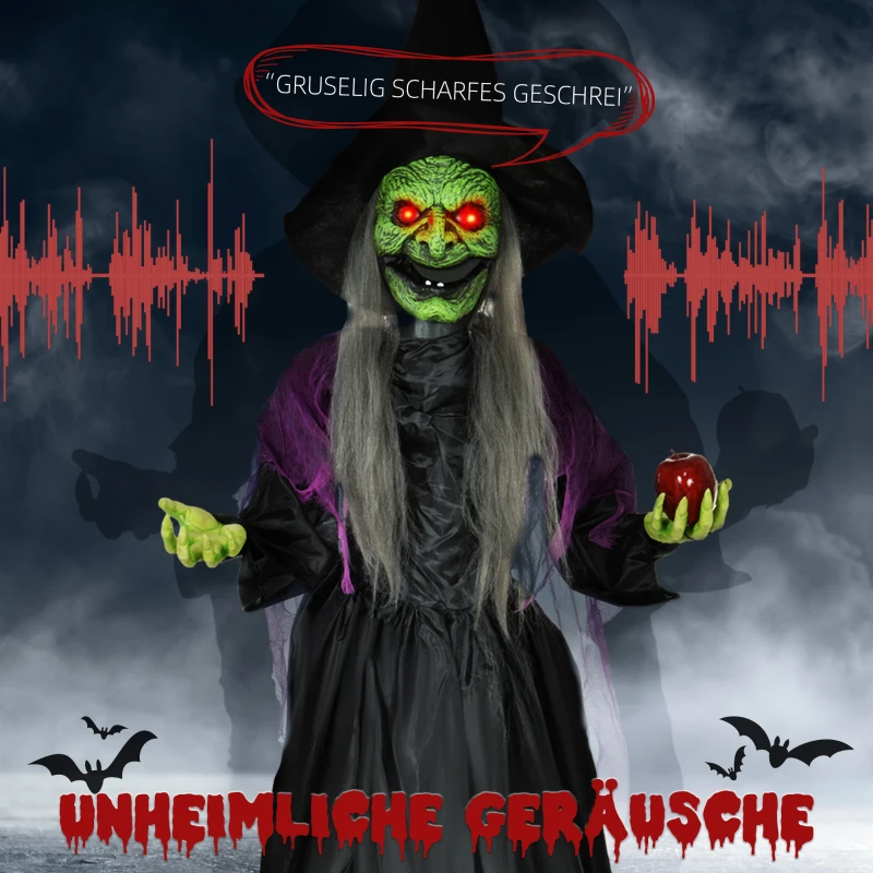 HOMCOM Czarownica z Jadowitym Jabłkiem, Dekoracje Helloweenowe, Straszne Dźwięki, Czerwone Oczy, Ruchome Ramiona, 180 cm