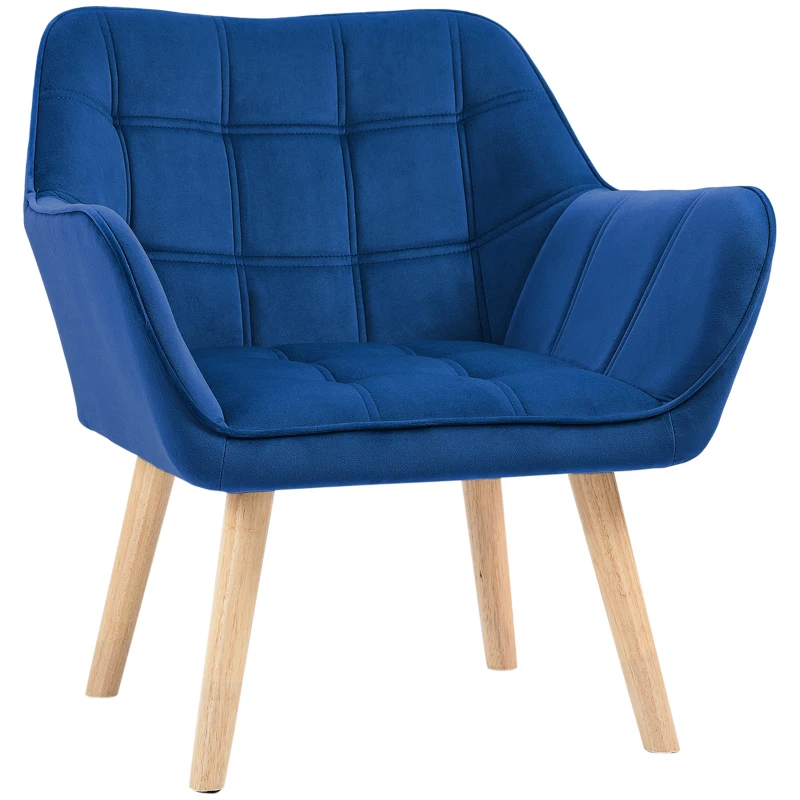 HOMCOM Gestoffeerde stoel, Accentstoel, Scandi Design, Fluweellook, tot 120 kg, Rubberhout Poten, Blauw