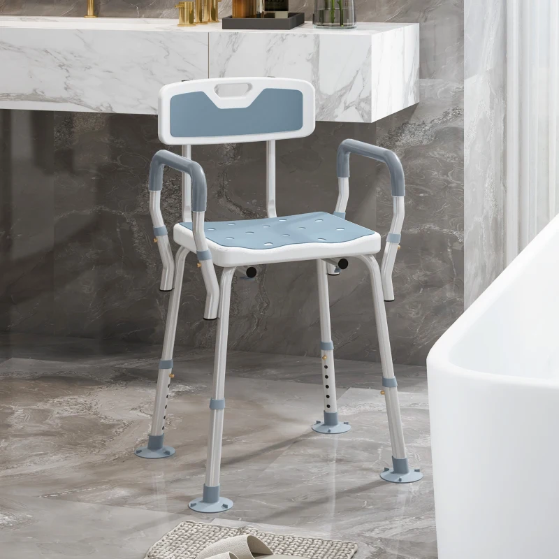 HOMCOM EVA Padded Shower Chair for the Elderly and Disabled, Height Adjustable Shower Stool with Back and Arms, 4 Suction Foot Pads, Light Blue