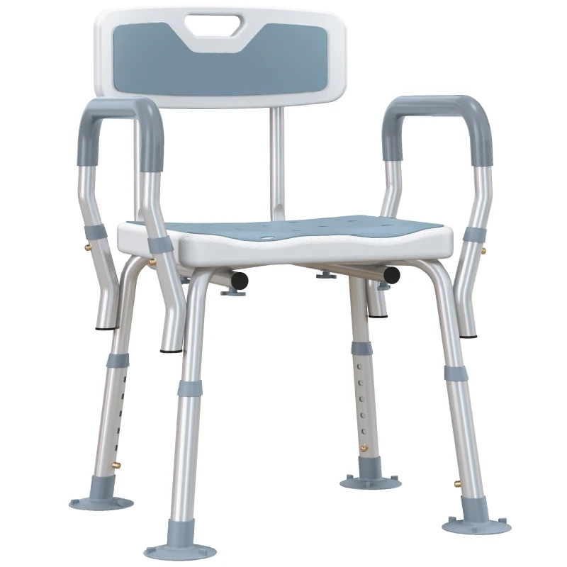 HOMCOM EVA Padded Shower Chair for the Elderly and Disabled, Height Adjustable Shower Stool with Back and Arms, 4 Suction Foot Pads, Light Blue