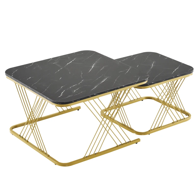 Nesting Coffee Tables with Gold Metal Frame, Marble Pattern Top, Multi-functional Sofa Side Tables for Bedroom, Living Room, 70x70x43 cm, Black