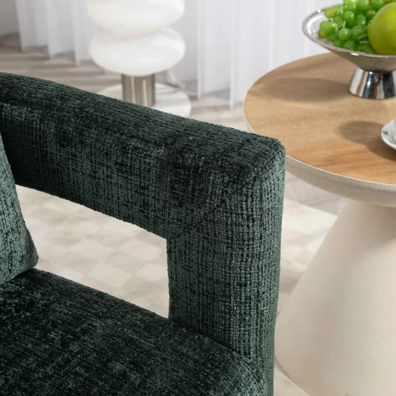 Moderner Chenille-Loungesessel, Esszimmerstuhl, einzigartiges Design mit durchbrochenen Armlehnen, bequemes Kissen, geeignet für Wohnzimmer, Esszimmer, Smaragd