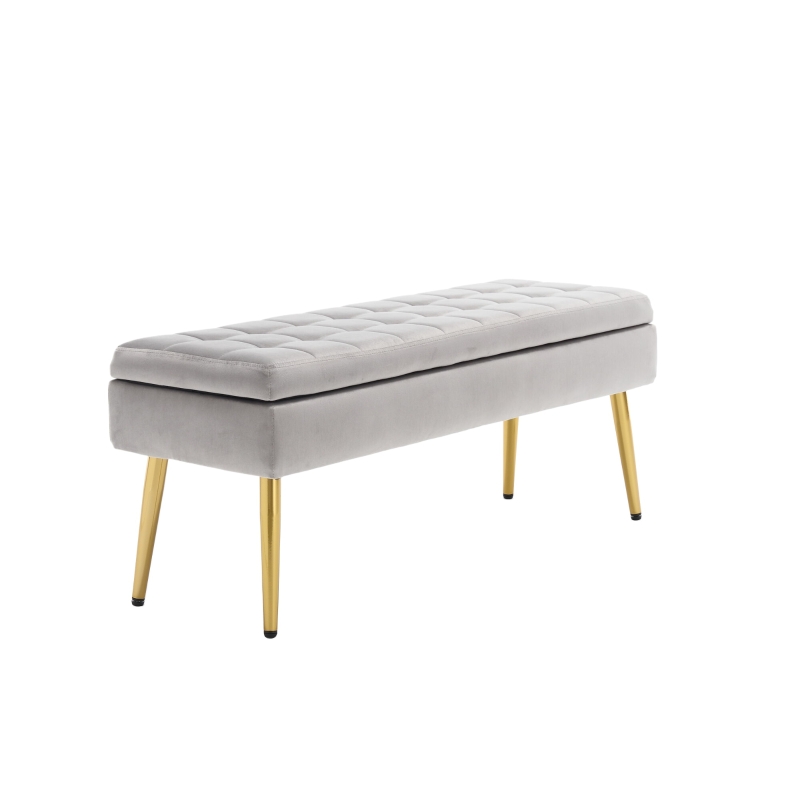 Panca moderna contenitore con gambe in metallo dorato, panca imbottita in velluto per camera da letto, soggiorno, salotto, Grigio