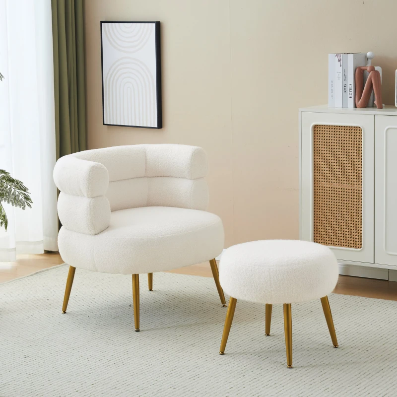 Boucle Snuggle Chair with Footstool Set, Fuzzy Tub Chair Lounge Chair with Footrest for Living Room, Bedroom, Study, 74.5x67x73 cm, White