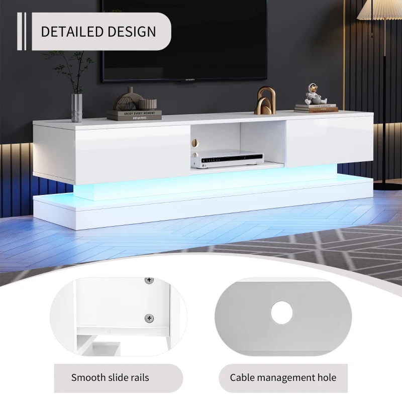 TV Table with 16-color LED Lights & 4 Dynamic Modes, High Gloss Front Panel & 2 Drawers, Up to 79 TV Size - White