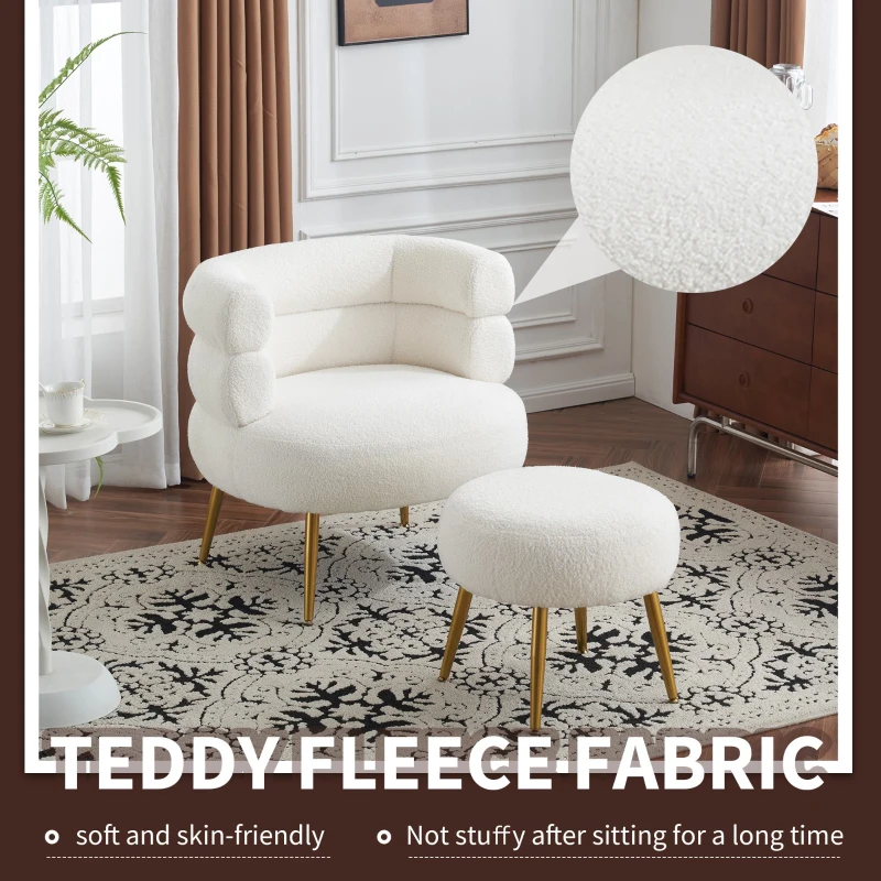 Boucle Snuggle Chair with Footstool Set, Fuzzy Tub Chair Lounge Chair with Footrest for Living Room, Bedroom, Study, 74.5x67x73 cm, White