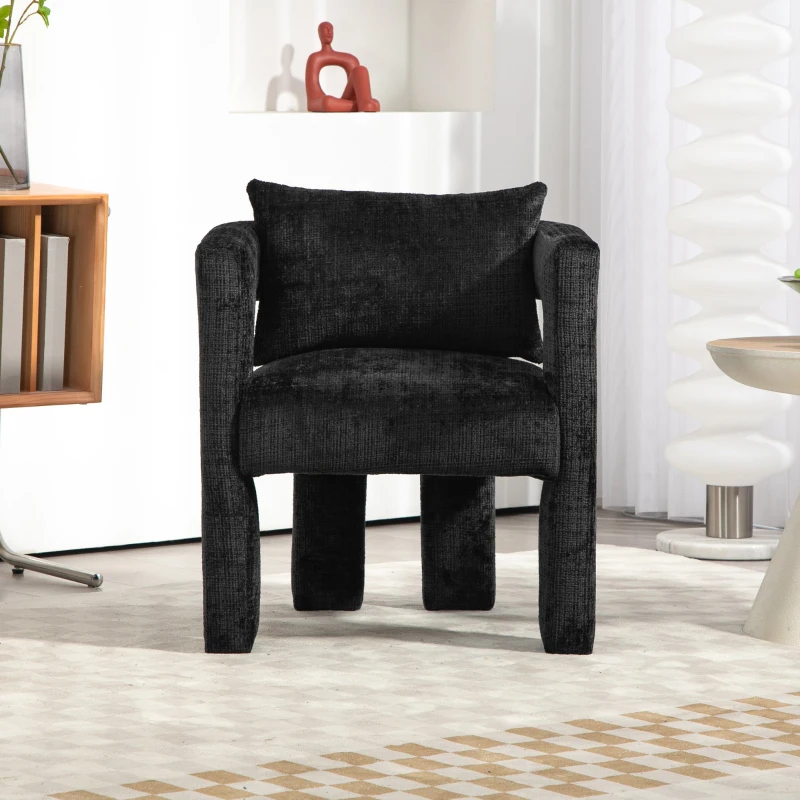 Fauteuil lounge moderne en chenille, chaise de bureau velours, design unique avec accoudoirs creux, coussin confortable, adapté pour salon, salle à manger, Noir
