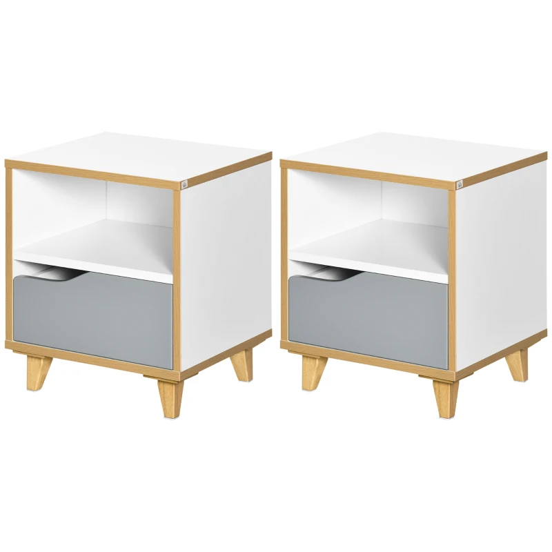 HOMCOM Set de 2 noptiere moderne cu sertar si raft, noptiere din lemn MDF, 36,8x33x43,8cm, alb si gri