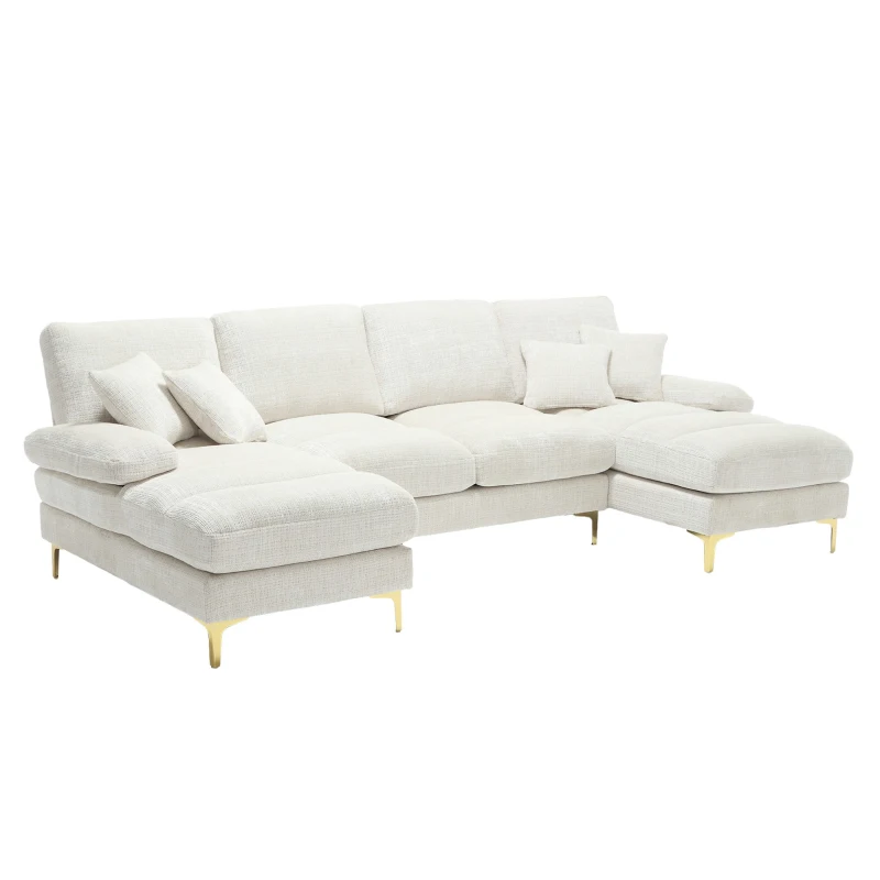 Divano componibile moderno grande in Chenille a forma di U, con Doppi Sedili Reclinabili,  Beige