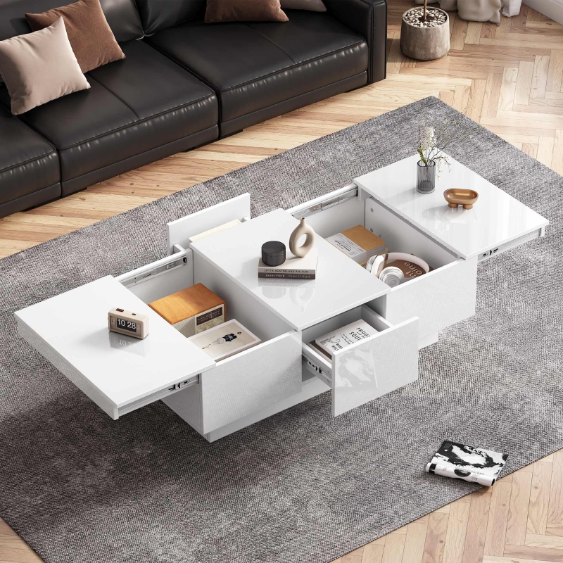 Modern Coffee Table with 2 Drawers and Large Storage Space, High Gloss Finish, Ideal for Living Rooms, 100x55x35 cm, White