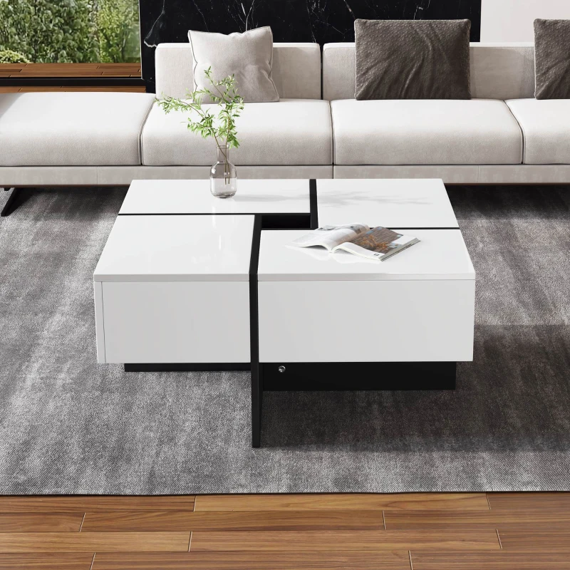 Multifunctional Coffee Table with 4 Drawers and Storage, High Gloss Top, 70x70x35 cm, White