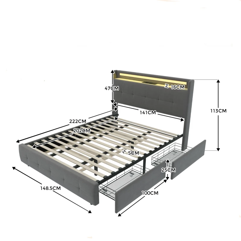 Lit double rembourré avec tête de lit USB, éclairage LED et 2 tiroirs, cadre de lit avec espace de rangement, sommier à lattes en bois, Gris