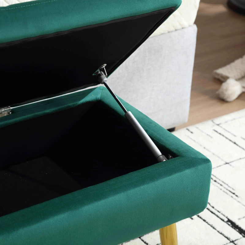 Panca moderna contenitore con gambe in metallo dorato, panca imbottita in velluto per camera da letto, soggiorno, salotto, Verde