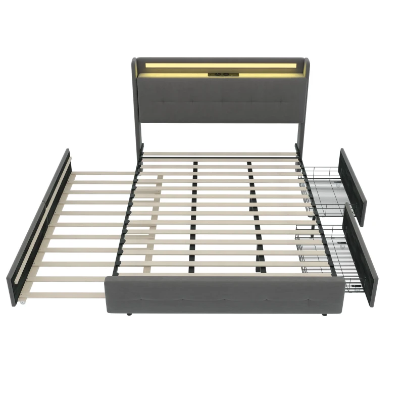 Lit double rembourré avec tête de lit USB, éclairage LED et 2 tiroirs, cadre de lit avec espace de rangement, sommier à lattes en bois, Gris