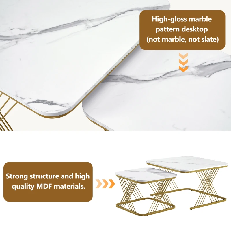 Nest of 2 Settee Side Table with Gold Metal Frame, Marble Pattern Top, Multi-functional Modern Coffee Table for Home, 70x70x43 cm, White