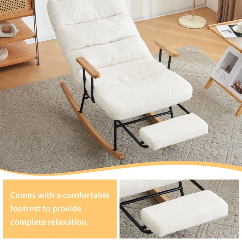 Fabric Tufted Boucle Armchair with Metal Legs, Wooden Base, High Back Rocking Chair for Living Room, Bedroom, 63.5x102x100 cm, White