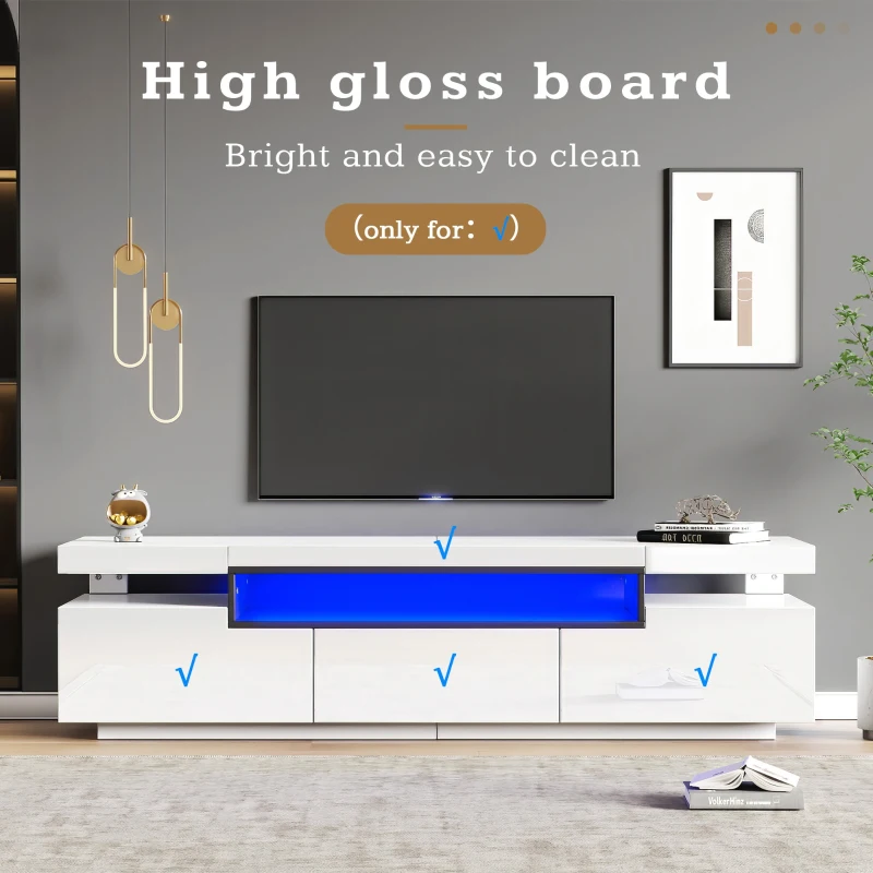 High Gloss Modern TV Stand Cabinet for 70-inch TV with LED Lights, 3 Drawers and Open Storage, 160x39x42 cm, White