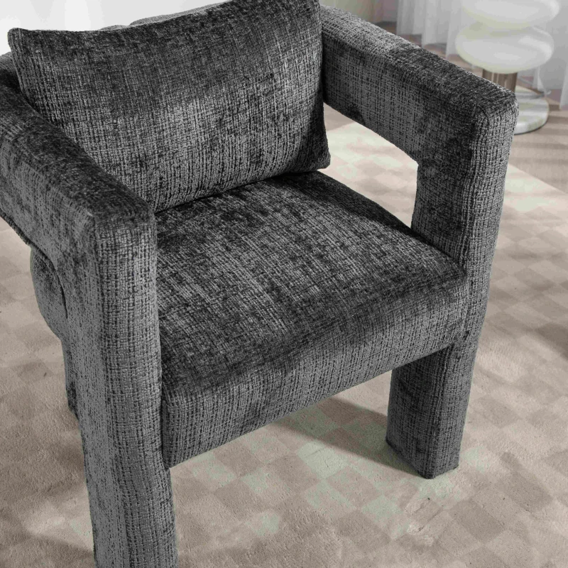 Fauteuil lounge moderne en chenille, chaise de salle à manger, design unique avec accoudoirs ajourés, coussin confortable, adapté pour le salon, la salle à manger, Gris foncé