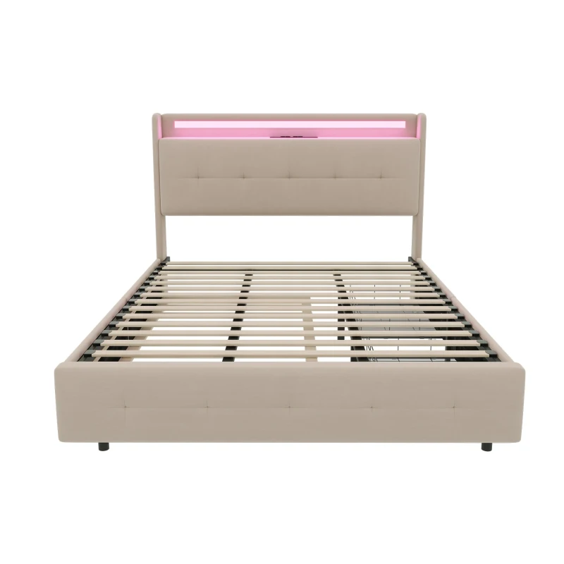 Lit double rembourré avec tête de lit USB, éclairage LED et 2 tiroirs, cadre de lit avec espace de rangement, sommier à lattes en bois, Beige