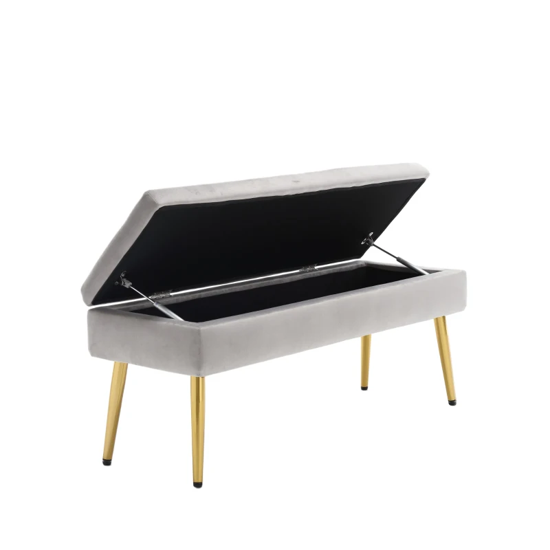 Banc coffre minimaliste moderne avec pieds en métal doré, banc en velours rembourré, table de chevet multifonctionnelle facile à monter pour chambre à coucher, salon, foyer, Gris foncé
