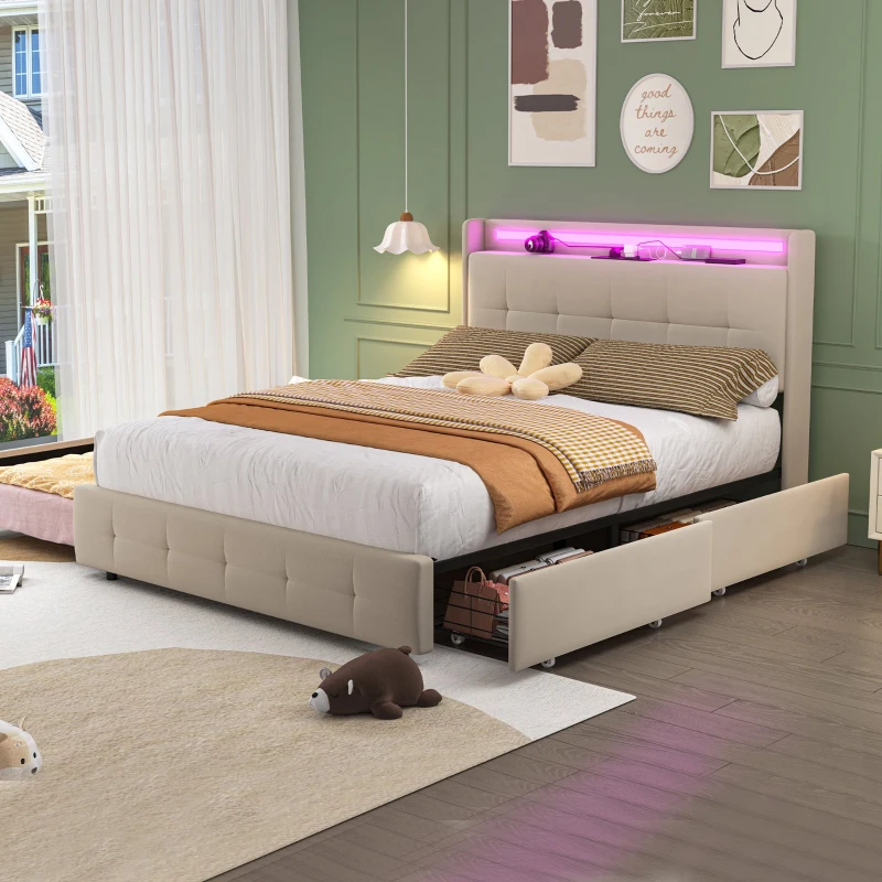 Letto matrimoniale con testiera USB, letto estraibile, letto imbottito con illuminazione LED e 2 cassetti, 140x200 cm, Senza materasso, Beige