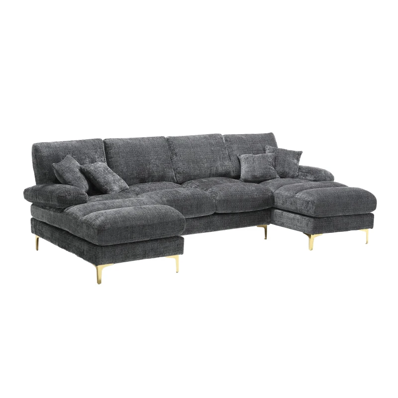Modernes großes U-förmiges Chenille-Sofa mit Doppel-Liegesitzen, für Wohnzimmer, Wohnung, Villa, Grau