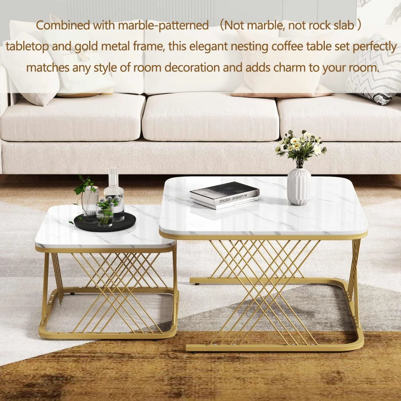 Nest of 2 Settee Side Table with Gold Metal Frame, Marble Pattern Top, Multi-functional Modern Coffee Table for Home, 70x70x43 cm, White