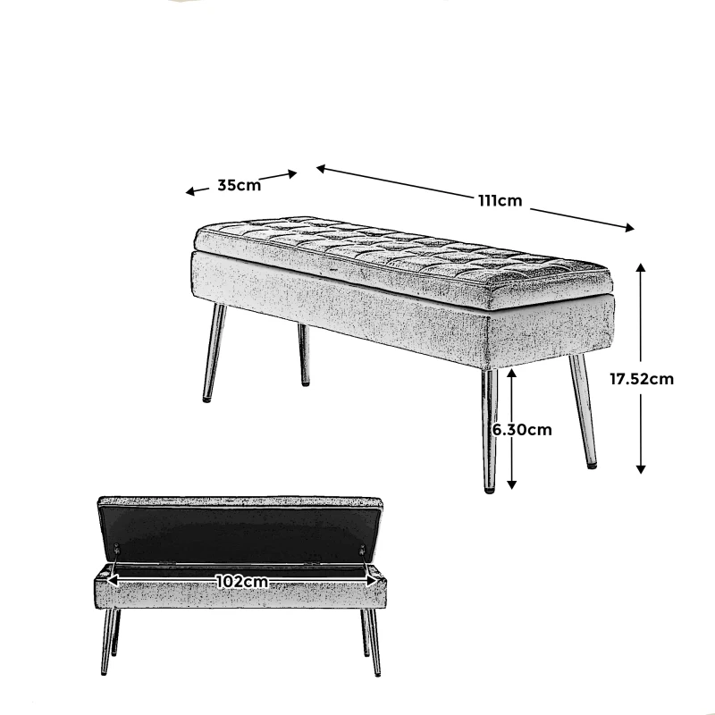 Banc coffre minimaliste moderne avec pieds en métal doré, banc en velours rembourré, table de chevet multifonctionnelle facile à monter pour chambre à coucher, salon, foyer, Gris foncé