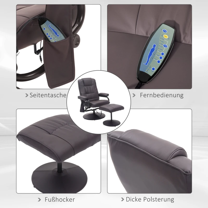 HOMCOM Massagesessel Relaxstoel, inclusief voetenbank, met 10 vibratiepunten en 1 afstandsbediening, 77 cm x 84 cm x 95 cm, bruin