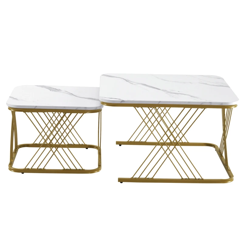 Nest of 2 Settee Side Table with Gold Metal Frame, Marble Pattern Top, Multi-functional Modern Coffee Table for Home, 70x70x43 cm, White