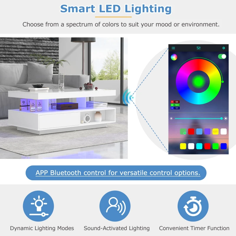 LED Coffee Table with 2 Drawer Storage, High Gloss Top and 16-Colour LED Lights, 95x50x42.5 cm, White