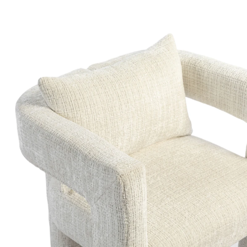 Fauteuil lounge moderne en chenille, chaise de salle à manger, design unique avec accoudoirs creux, coussin confortable, adapté pour salon, salle à manger, Beige