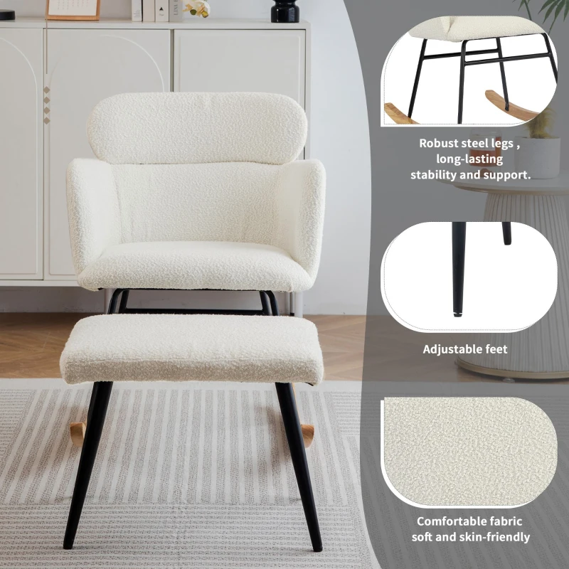 Footstool Recliner Chair with Soft Cushion and Solid Wood Legs, Armchair with Comfortable Footrest for Indoor and Patio, 61x72.5x82 cm, White