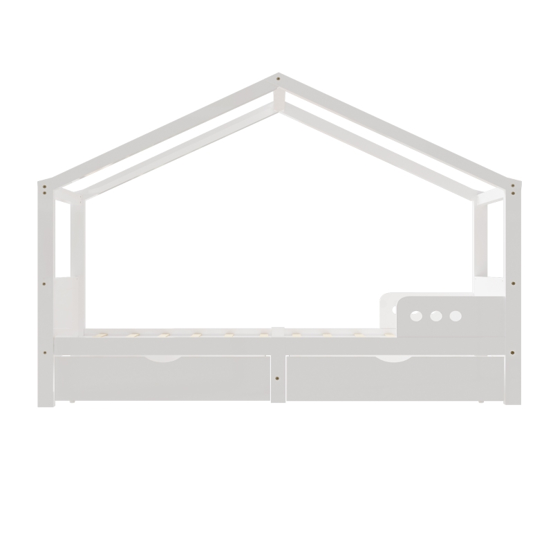 Letto a Casetta per Bambini con Due Cassetti e Lavagna, Rete a Doghe in Legno di Pino, Senza Materasso, 90 x 200 cm, Bianco