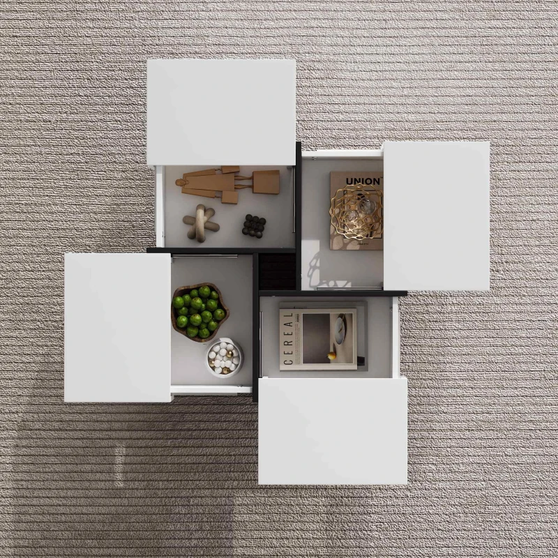 Multifunctional Coffee Table with 4 Drawers and Storage, High Gloss Top, 70x70x35 cm, White