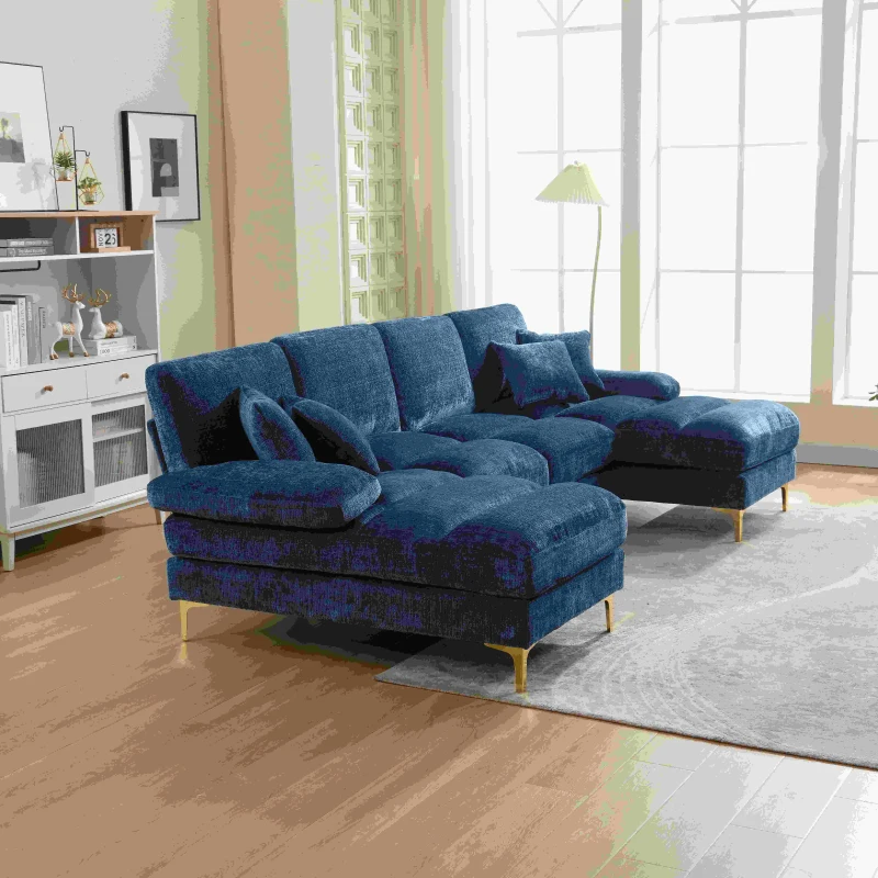 Grand canapé d'angle en forme de U en tissu chenille moderne et confortable, Bleu