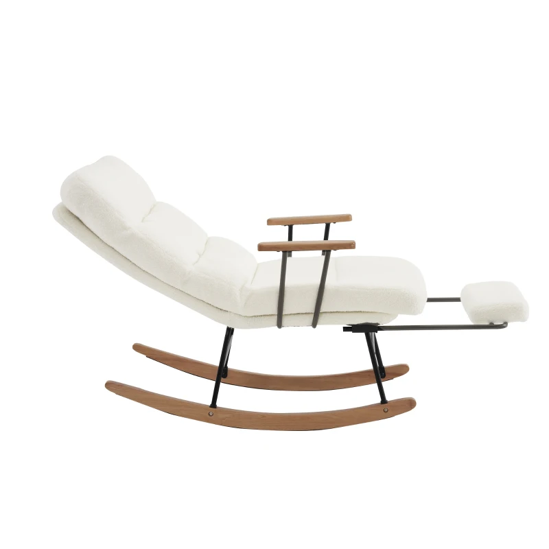 Fabric Tufted Boucle Armchair with Metal Legs, Wooden Base, High Back Rocking Chair for Living Room, Bedroom, 63.5x102x100 cm, White