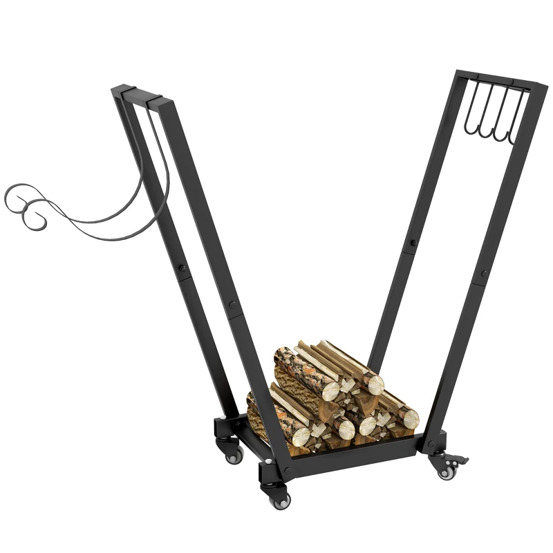 Outsunny Stojak na Drewno Kominkowe, Trapezowy Design, Metal Malowany Proszkowo, Mobilny z Kółkami, 79 x 30 x 81 cm, Czarny