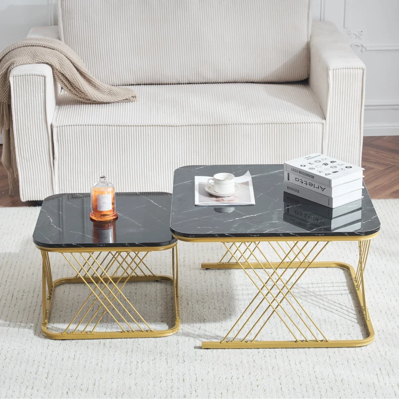 Nesting Coffee Tables with Gold Metal Frame, Marble Pattern Top, Multi-functional Sofa Side Tables for Bedroom, Living Room, 70x70x43 cm, Black